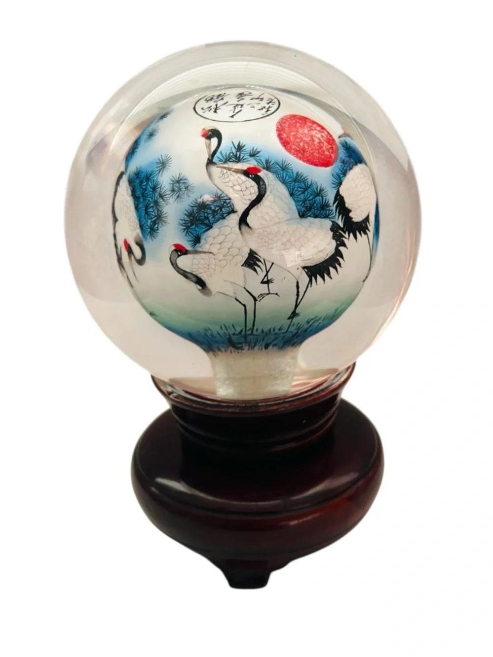 Vintage Chinese Asian Reverse Hand Painted Cranes Glass Orb On Wooden Stand - Picture 1 of 5